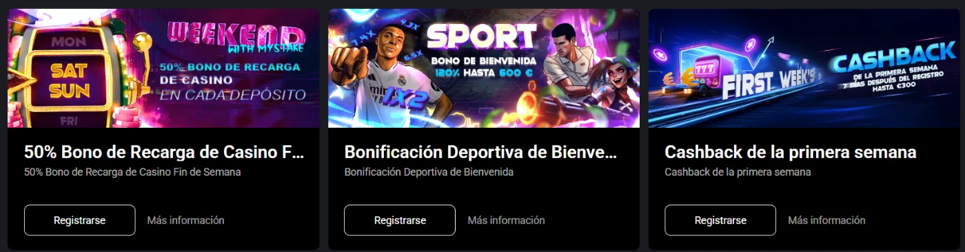 Mystake Casino con bono de recarga de fin de semana, bono deportivo de bienvenida y cashback de la primera semana