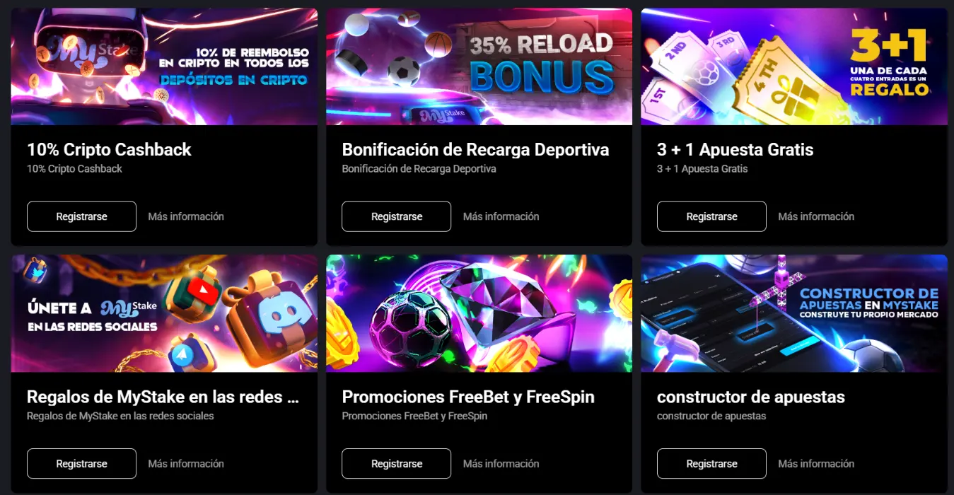 Mystake Casino con promociones de cashback en criptomonedas, bonos de recarga, apuestas gratis, FreeBet, FreeSpin y constructor de apuestas